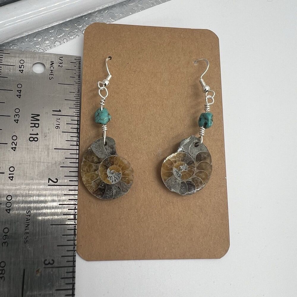 Natural Ammonite Fossil Gesmtone Silver Earrings  Handmade Turquoise & Sterling - Picture 7 of 7
